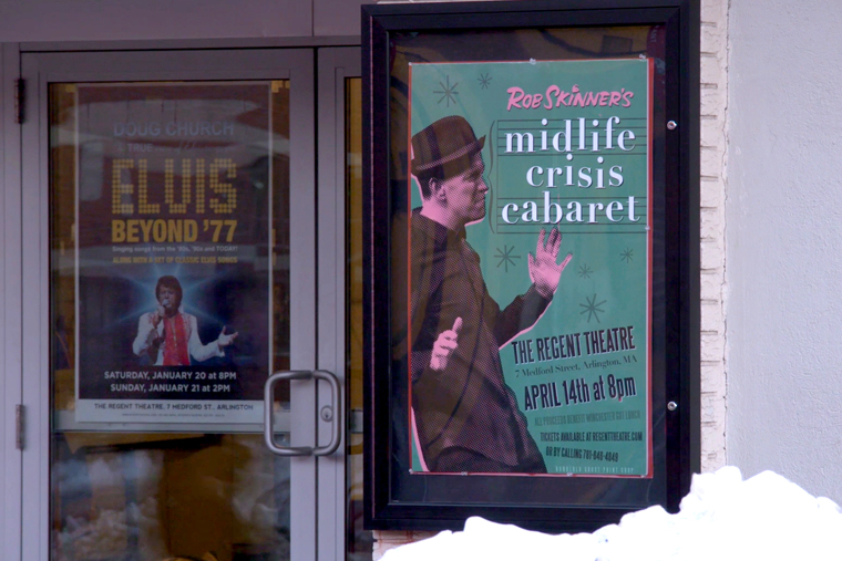 A poster at the Regent Theater in advertising Rob Skinner's show